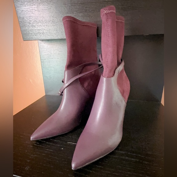 GUESS Burgundy Purple Mixed Media Buckled Strap Acora Point Toe Wedge dress Boot - Picture 8 of 13